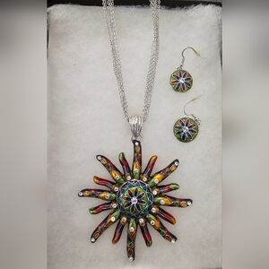 NIB - 18" Colorful Sunburst Pendant Necklace & Earring Set - Costume Jewelry